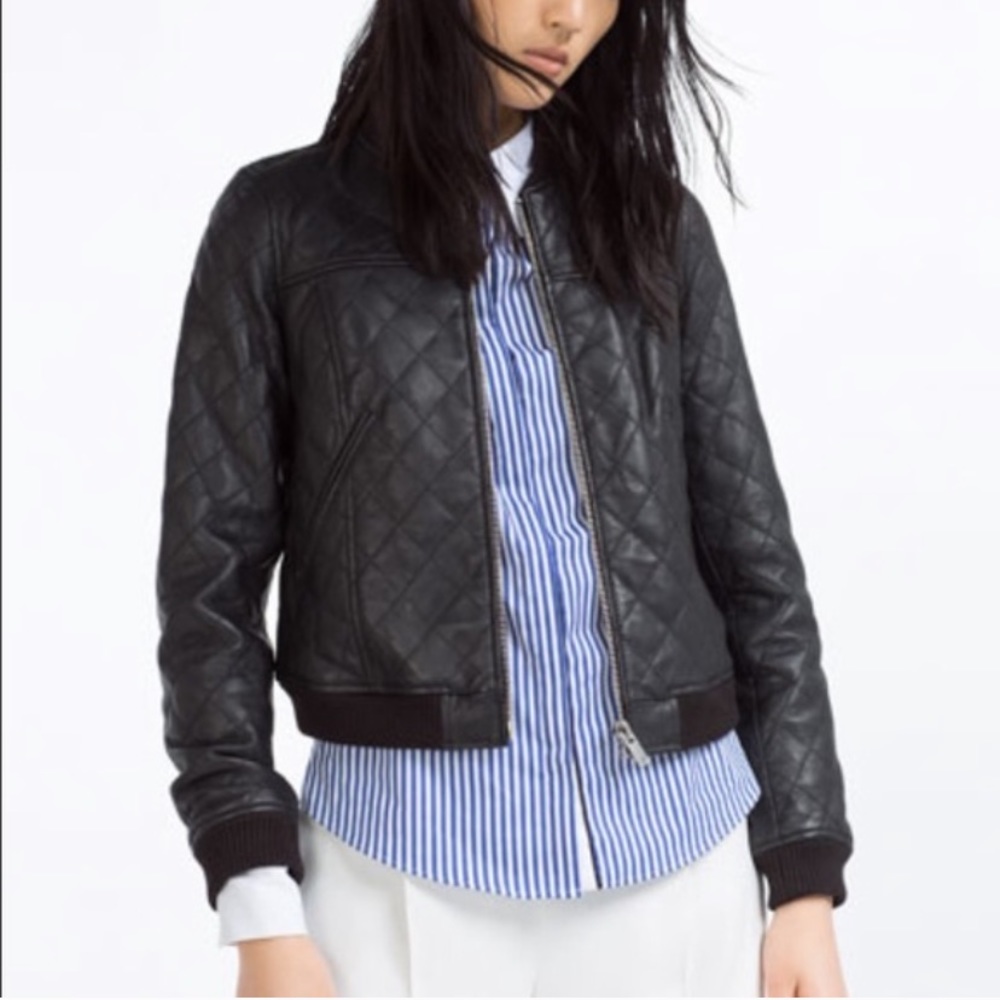Zara Quilted Leather Bomber Jacket